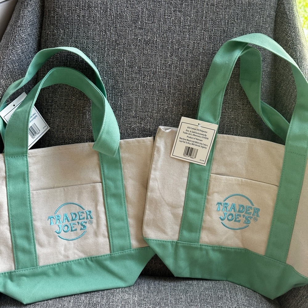 Trader Joe’s Mint Green and Cream Canvas Tote Bags (2)with Sturdy Handles - NEW!
